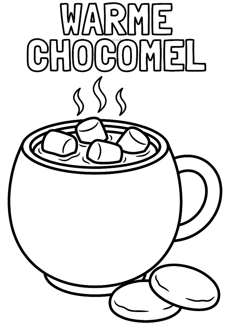 Kleurplaat van een grote mok warme chocolademelk met vier spekjes en twee koekjes