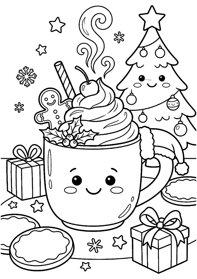 Kleurplaat van een lachende mok warme chocomelk met slagroom, kersje, rietje en kerstmuts; gemberkoekje, kerstboom.
