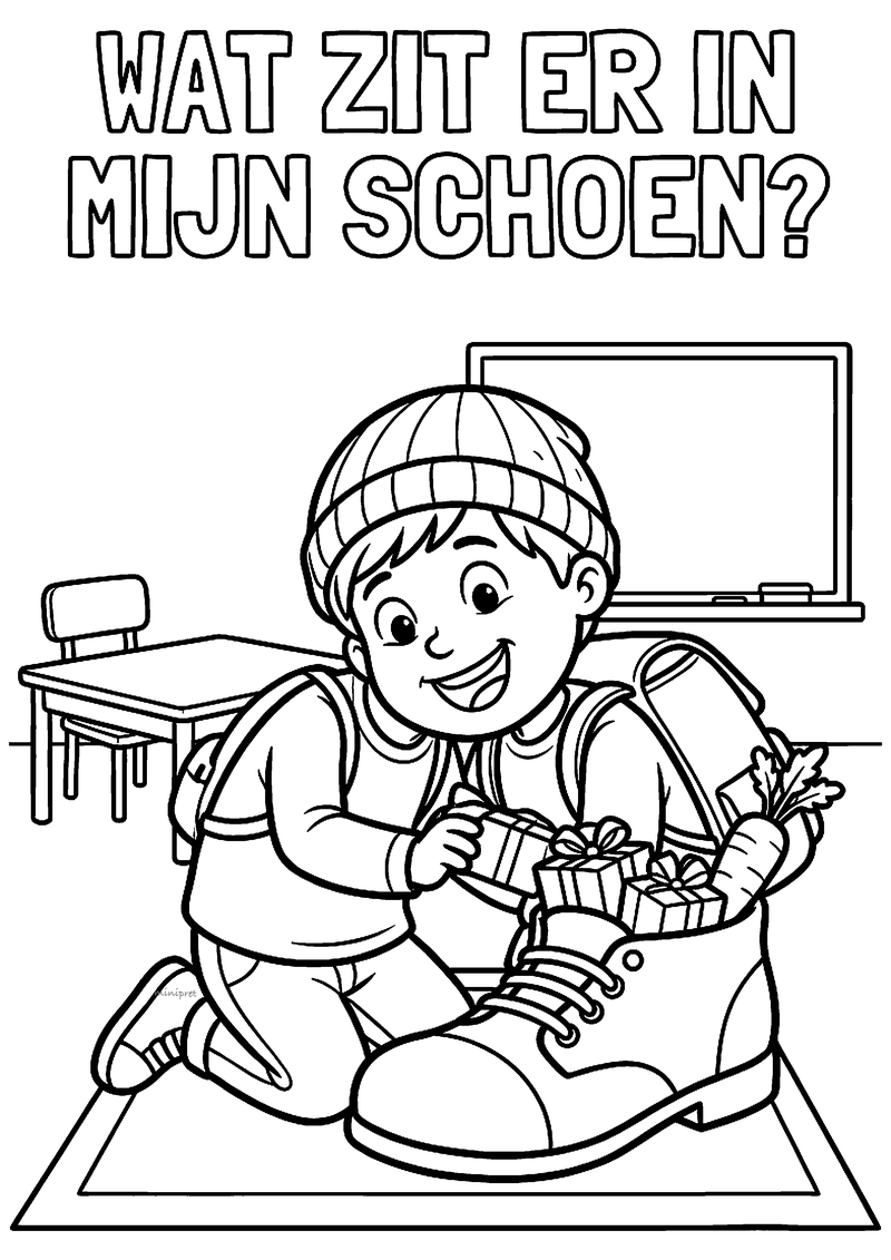 Kleurplaat van een jongen met muts die pakjes en een wortel in een grote schoen vindt, titel Wat zit er in mijn schoen?