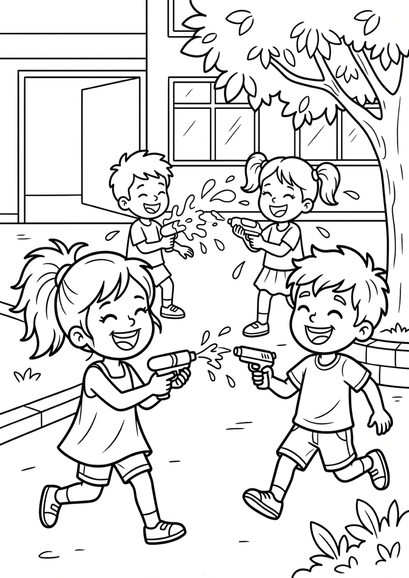 Watergevecht met Waterpistolen Kleurplaat — gratis kleurplaat
