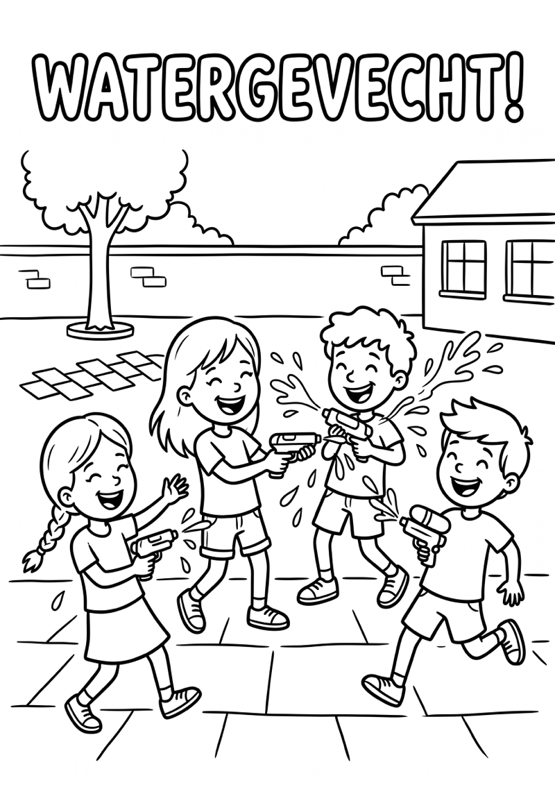 Watergevecht op School Kleurplaat — gratis kleurplaat printen