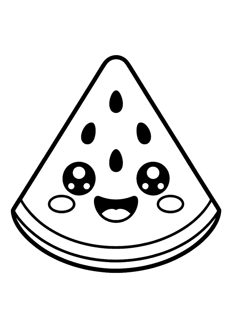 Kleurplaat van een driehoekige kawaii watermeloenpunt met grote sterrenogen, blosjes en zes grote pitten.