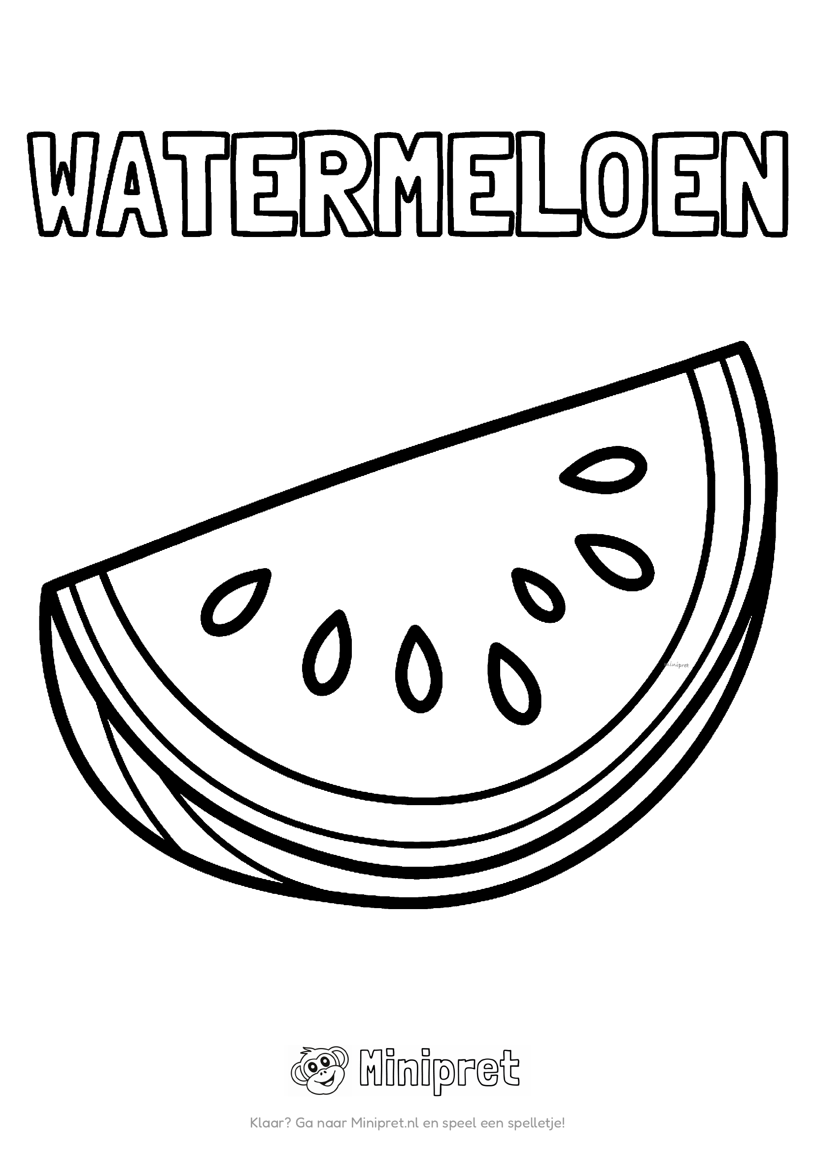 Watermeloen als kleurplaat: plak watermeloen met zwarte pitten en groene schil