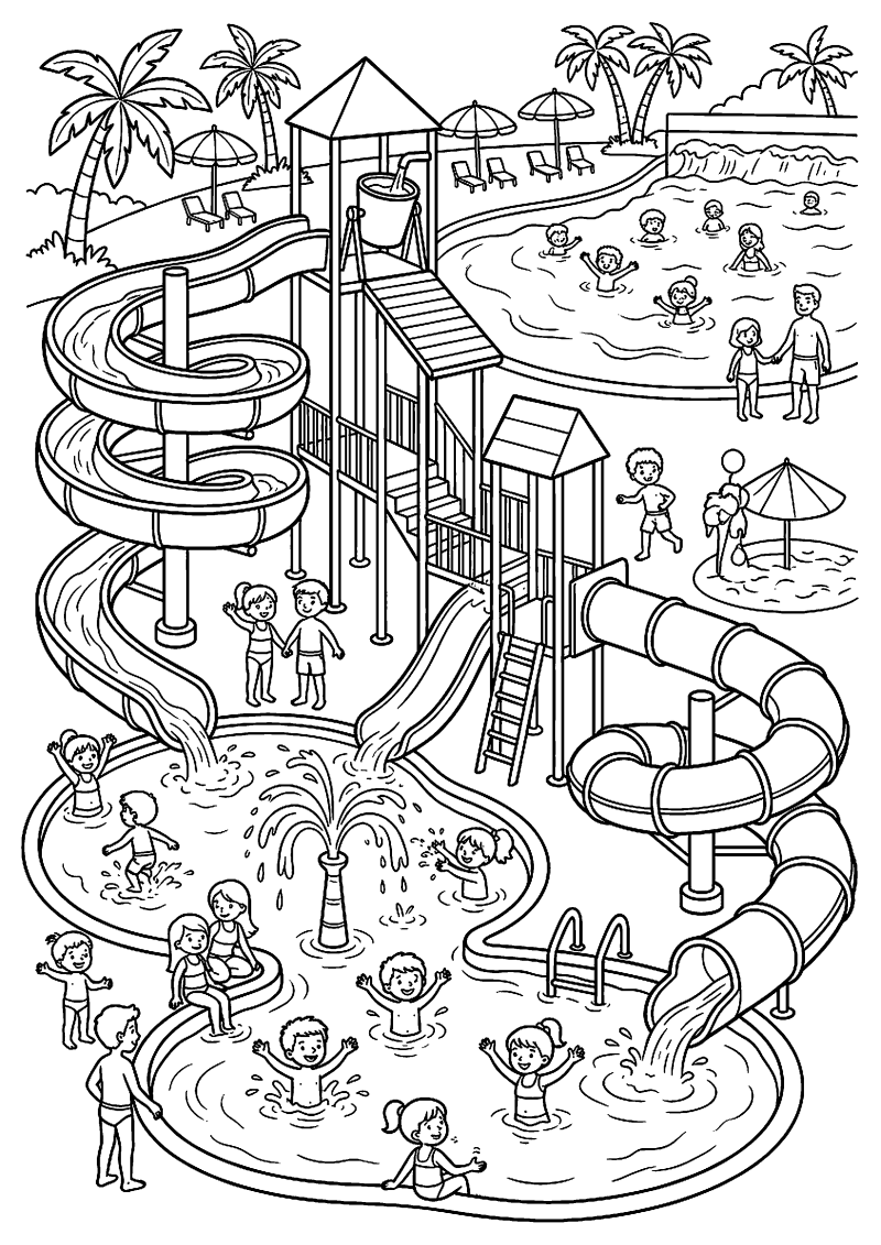 Waterpretpark met glijbanen kleurplaat