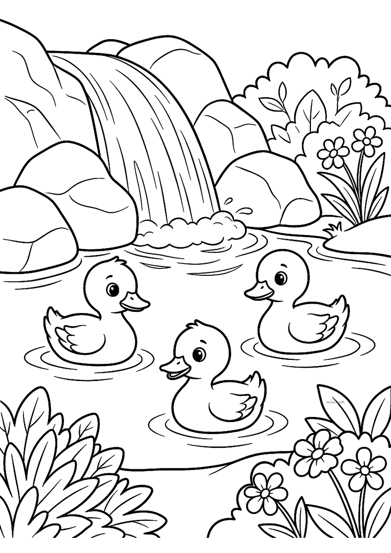 Kleurplaat van drie eendjes die zwemmen in een meertje onder een waterval tussen grote rotsen, struiken en bloemen