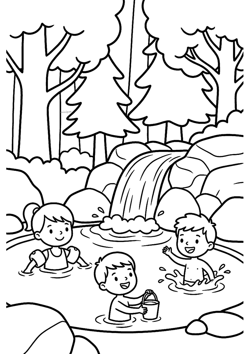 Kleurplaat van drie kinderen die zwemmen in een meertje onder een waterval tussen rotsen en bomen in het bos