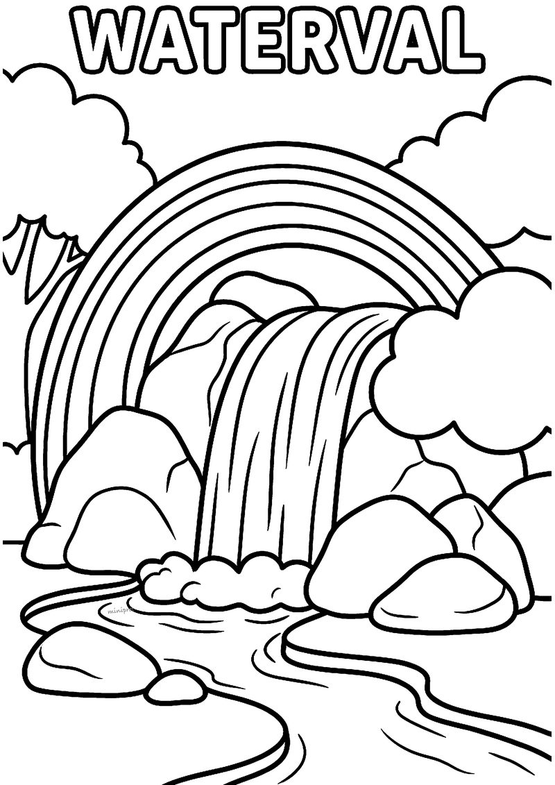 Kleurplaat van een waterval die tussen grote rotsen naar beneden stroomt onder een regenboog, met WATERVAL erboven