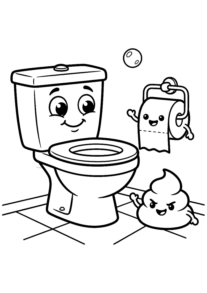 Kleurplaat van een wc met een gezicht, een zwaaiende rol wc-papier en een ondeugende drol-emoji op de tegelvloer