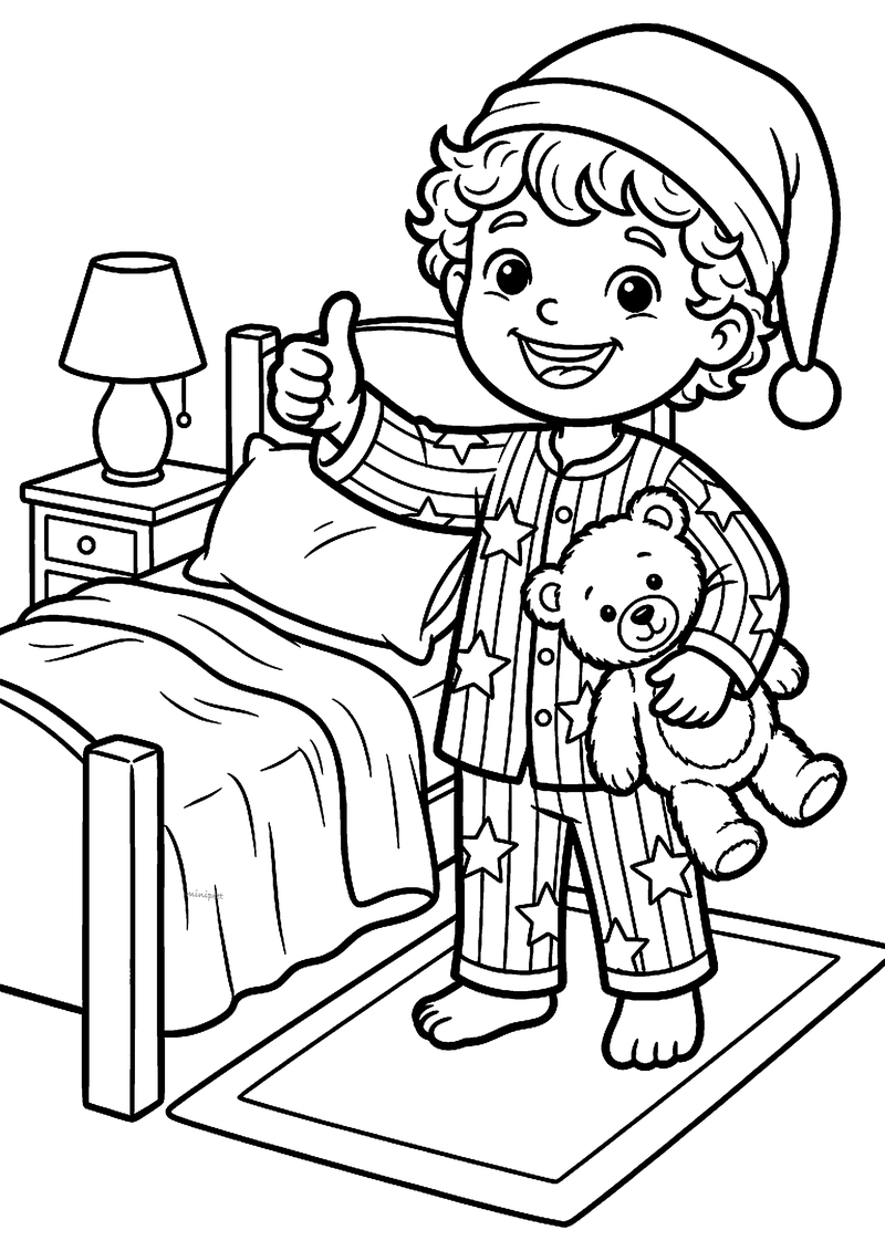 Kleurplaat van een kind met slaapmuts en sterrenpyjama dat naast zijn bed staat met duim omhoog en een knuffelbeer