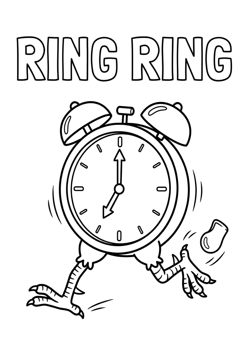 Wekker met Kippenpoten Ring Ring Kleurplaat — gratis kleurplaat printen