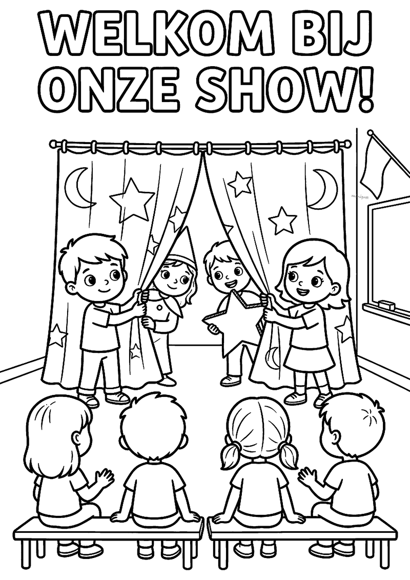 Kleurplaat van kinderen die een sterrengordijn openschuiven voor een show, met publiek op bankjes