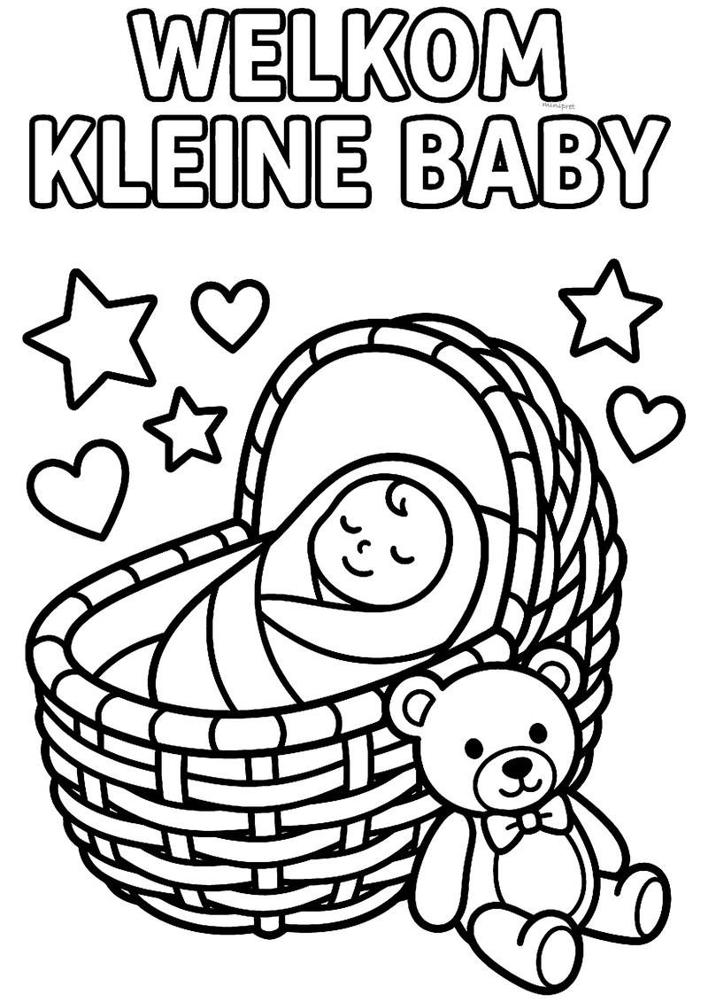 Kleurplaat van een slapende baby in een rieten mandje met teddybeer, hartjes en sterren, met de tekst Welkom kleine baby