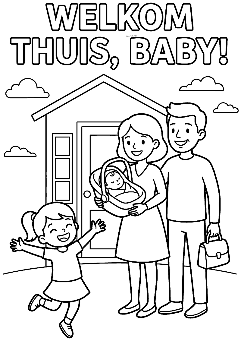 Kleurplaat van een gezin bij de voordeur met een baby in een autostoeltje en een juichend meisje met staartjes