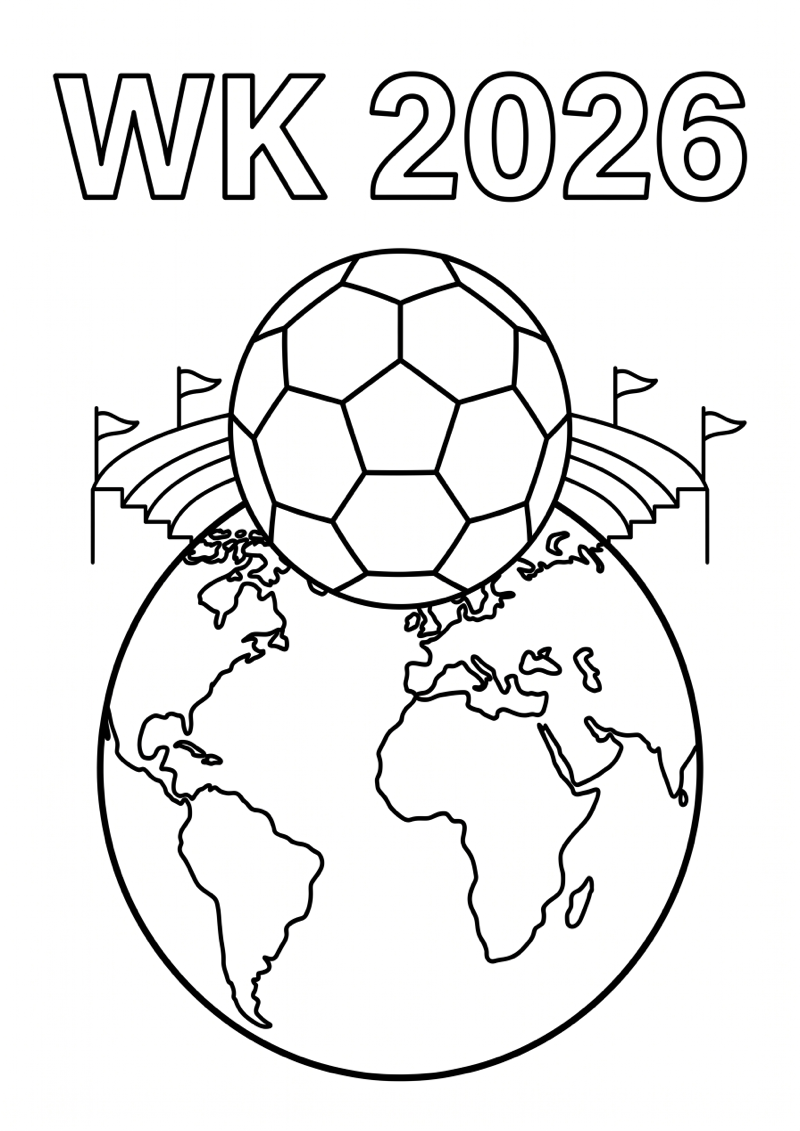 Wereldbol met Voetbal en Stadion Kleurplaat