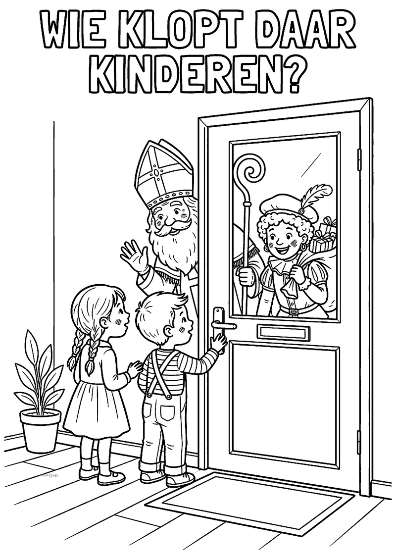Kleurplaat van twee kinderen bij de voordeur waar Sinterklaas en Piet verschijnen, titel Wie klopt daar kinderen?