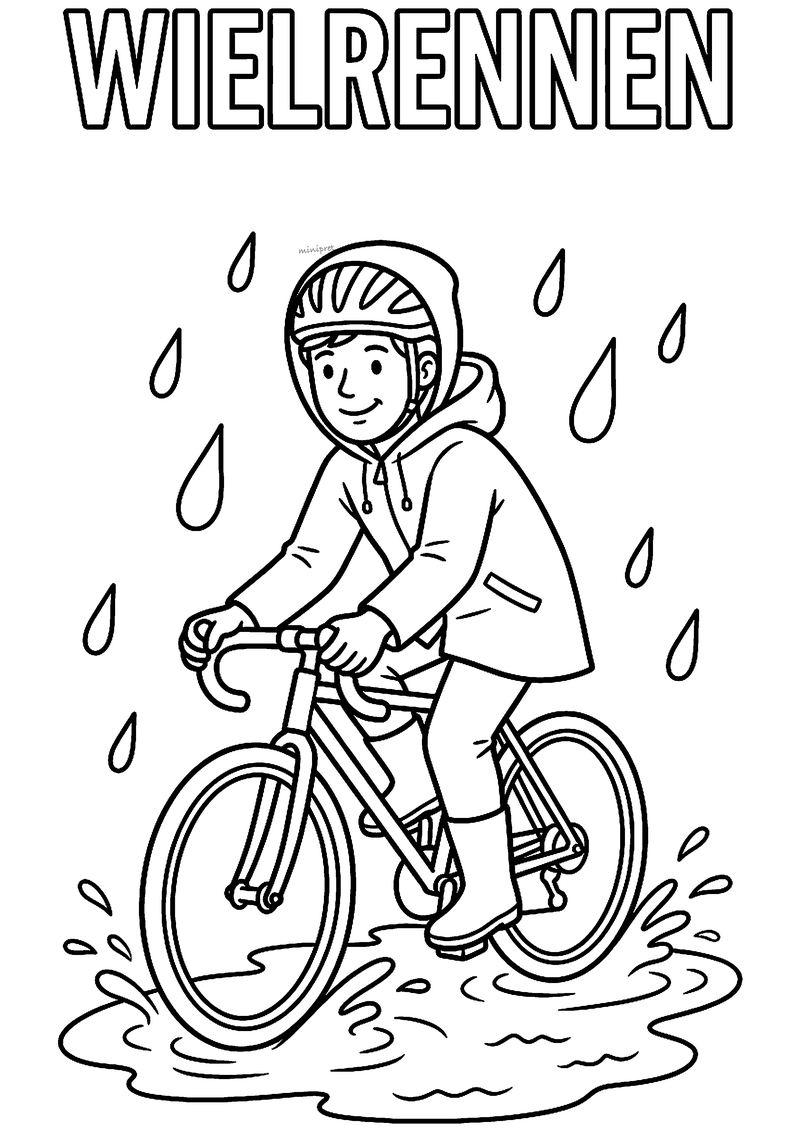 Kleurplaat van een lachende wielrenner met helm en regenjas die op een racefiets door een plas fietst terwijl het regent