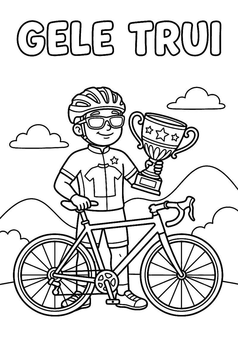 Wielrenner met Trofee en Racefiets met Tekst Gele Trui Tour de France Kleurplaat — gratis kleurplaat printen