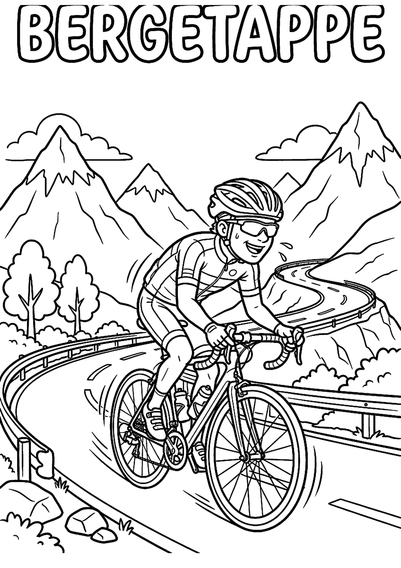 Wielrenner op Bergweg met Paar Bergtoppen met Tekst Bergetappe Tour de France Kleurplaat — gratis kleurplaat printen