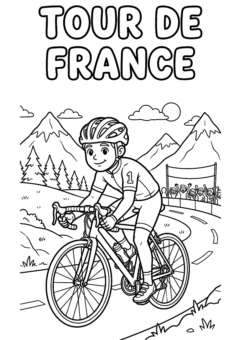 Wielrenner op Racefiets in Berglandschap met Tekst Tour de France Tour de France Kleurplaat — gratis kleurplaat printen