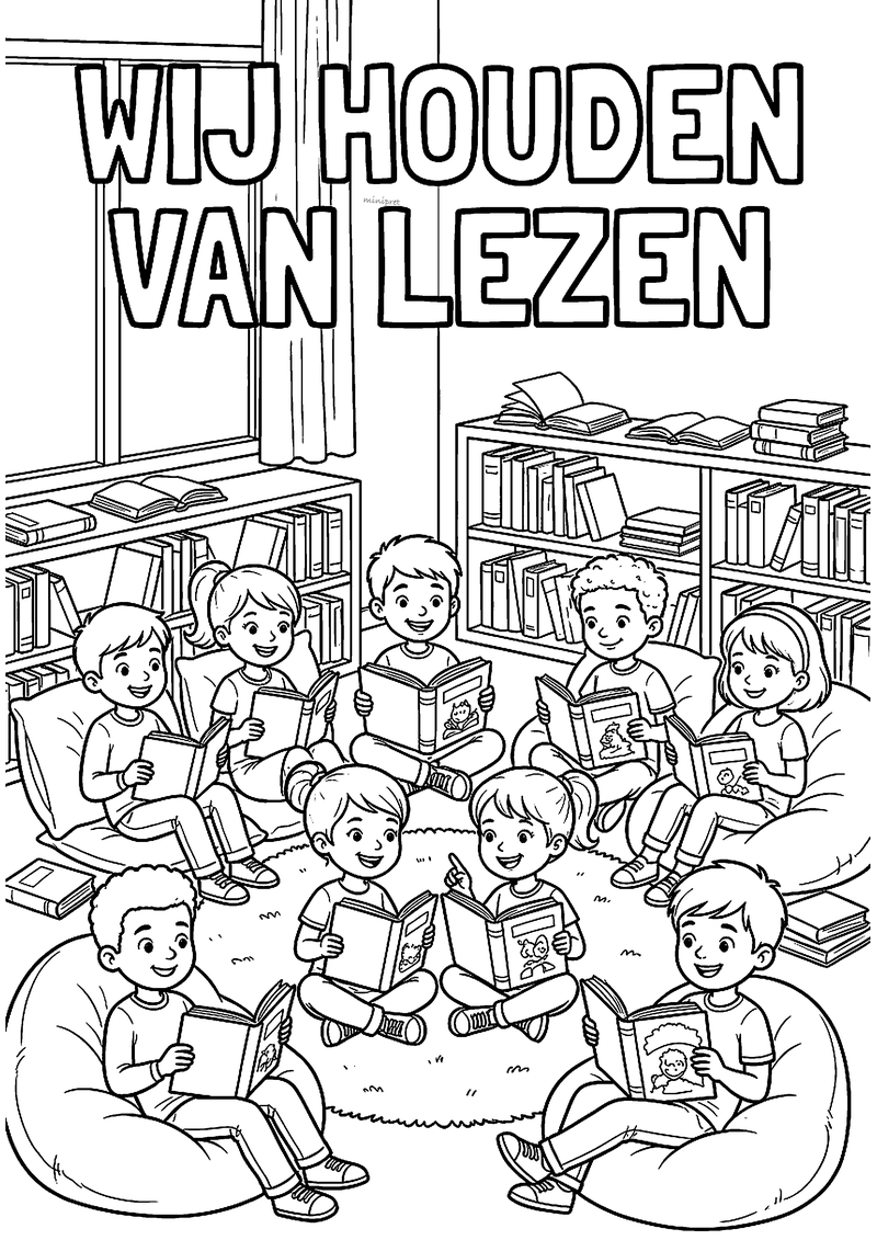 Kleurplaat van negen kinderen die lezen op zitzakken en een rond kleed in een bibliotheek
