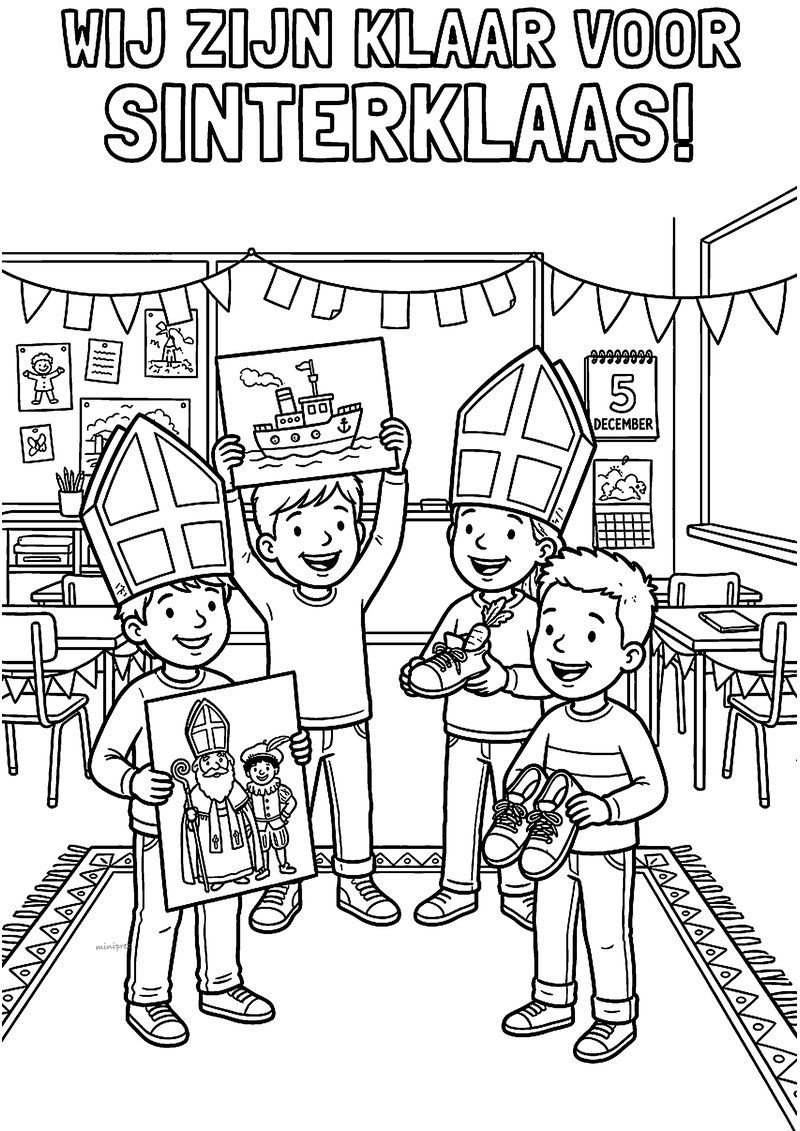Kleurplaat van vier kinderen met papieren mijters, tekeningen en schoenen, titel Wij zijn klaar voor Sinterklaas!