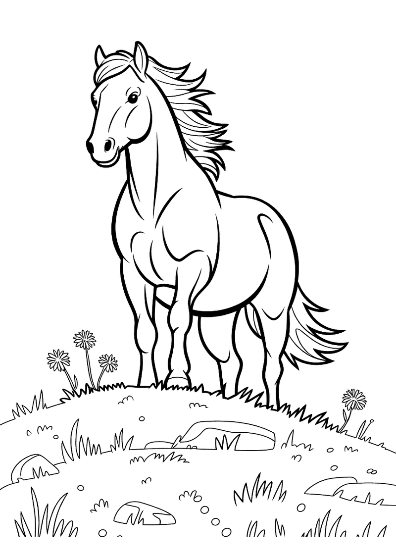 Kleurplaat van een wilde mustang die trots bovenop een heuvel staat met wapperende manen en staart terwijl rotsen, gras 