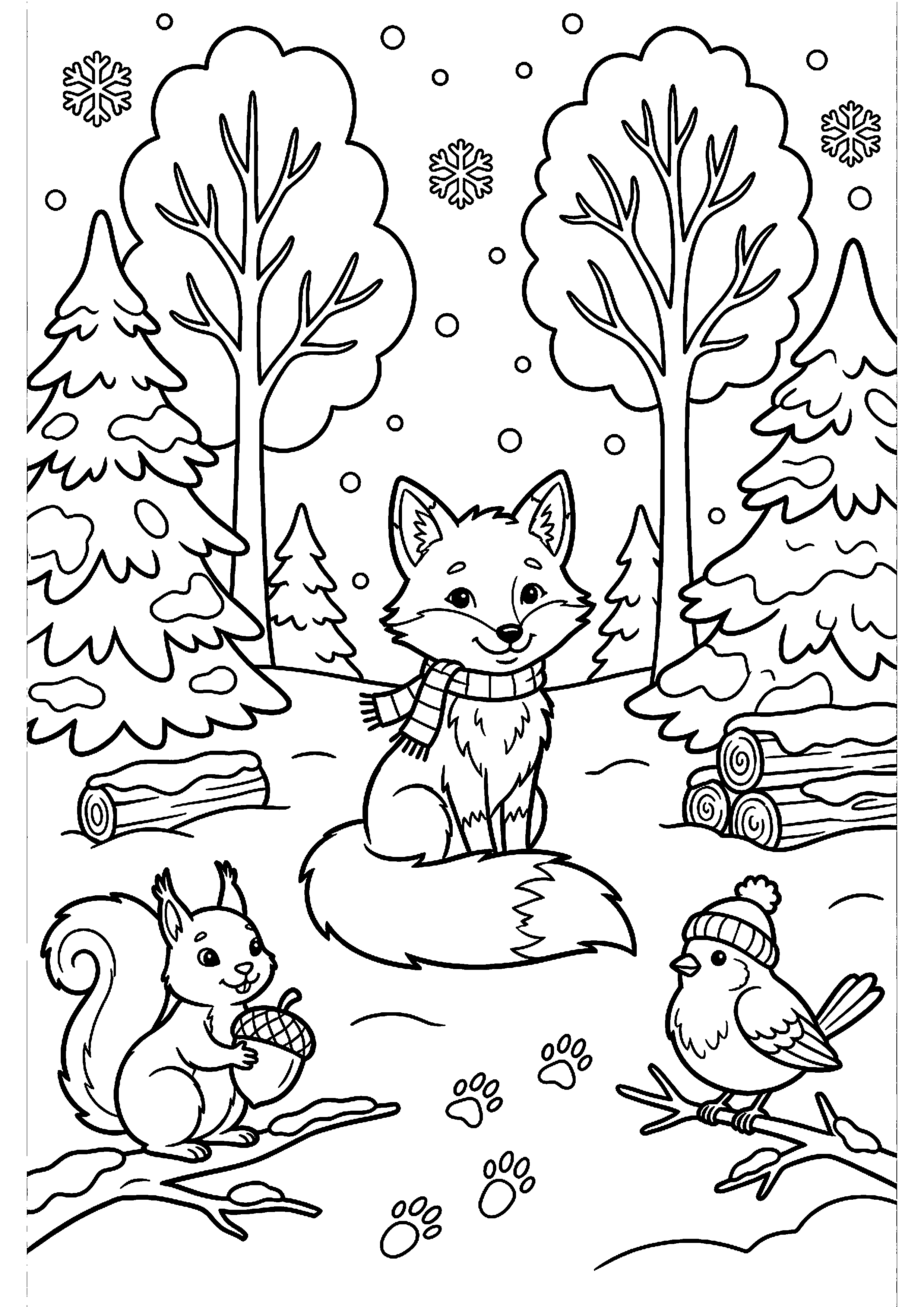 Winterbos met sneeuw kleurplaat — gratis kleurplaat