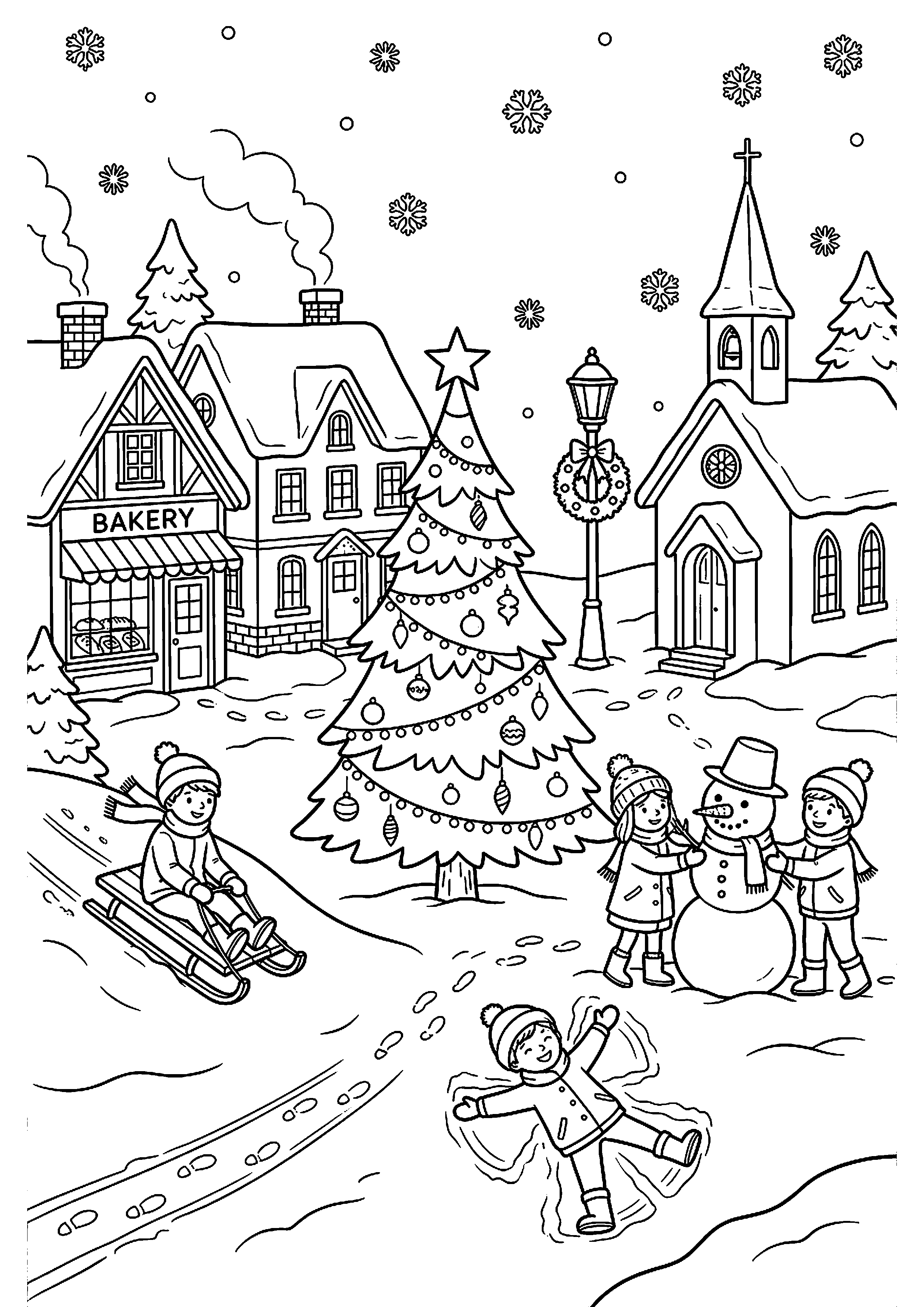 Winterdorp met sneeuw en kinderen kleurplaat — gratis kleurplaat