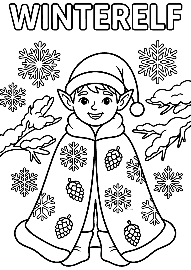 Kleurplaat van een winterelf met puntmuts, spitse oren en lange mantel met sneeuwvlokken en dennenappels