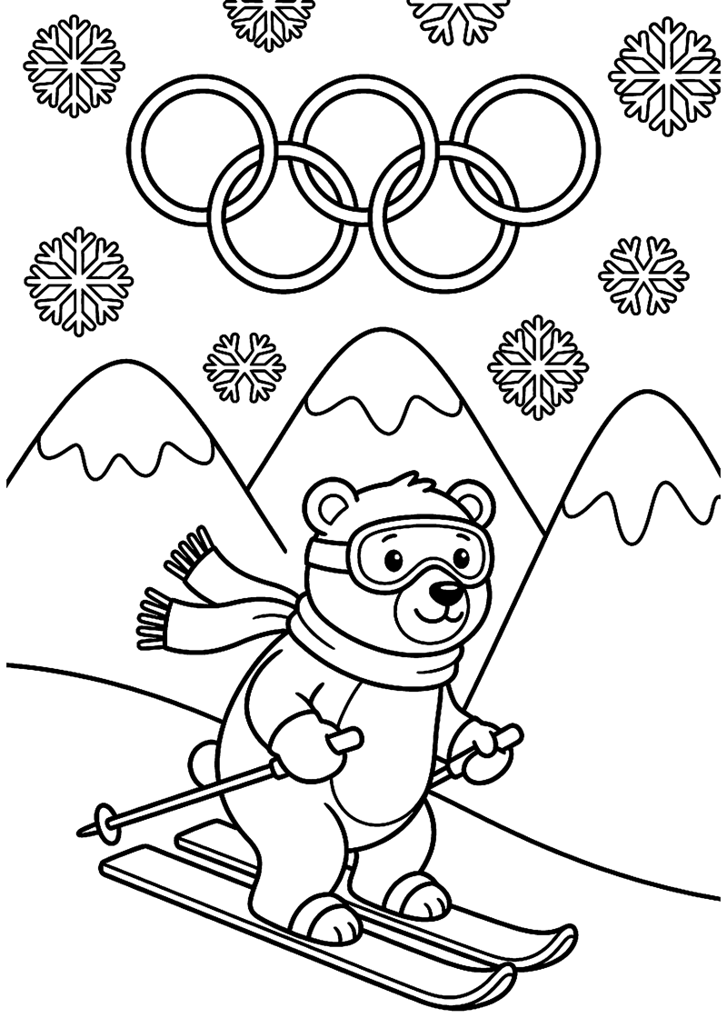 Winterse Sportscene met Simpele Ringen Bergen en Sneeuwvlokken Olympische Winterspelen Kleurplaat — gratis kleurplaat printen