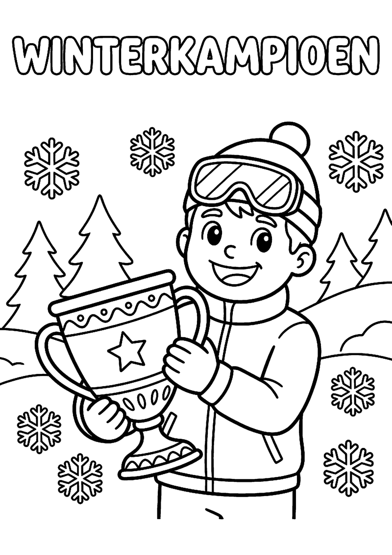 Wintersporter met Beker en Sneeuwdecoratie met Tekst Winterkampioen Olympische Winterspelen Kleurplaat — gratis kleurplaat printen