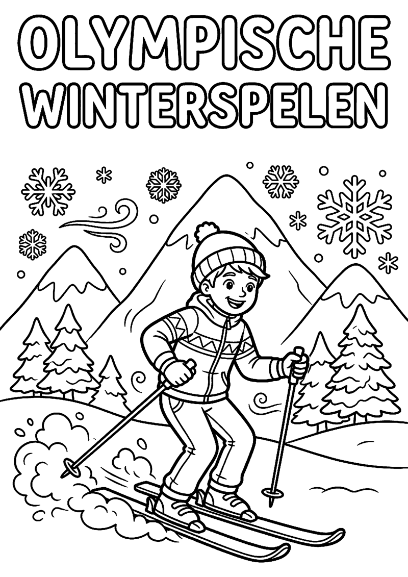 Wintersporter op Ski S met Bergen en Sneeuwvlokken met Tekst Olympische Winterspelen Olympische Winterspelen Kleurplaat — gratis kleurplaat printen