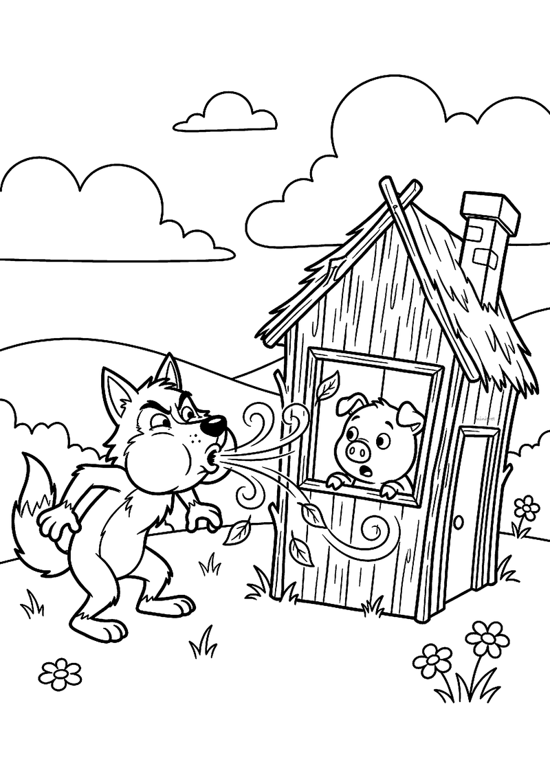 Kleurplaat van de wolf die met bolle wangen blaast tegen een houten huisje waar een bang biggetje uit het raam kijkt