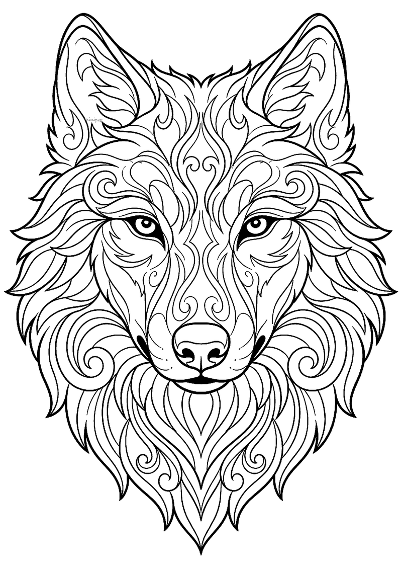 Frontale wolvenkop met sierlijke krullen en patronen in de vacht, tattoo-flash lijntekening
