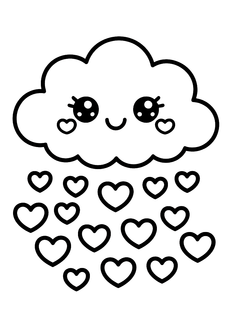 Kleurplaat van een blije kawaii wolk met hartjes op de wangen die een regen van zestien hartjes laat vallen.