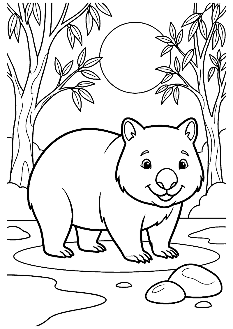 Kleurplaat van een vrolijke wombat op een zandpad tussen bomen met smalle bladeren, met een grote zon en stenen