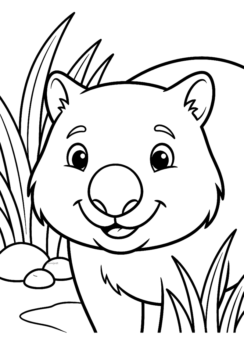 Kleurplaat van een close-up van een lachende wombat met een grote ronde neus tussen hoog gras en stenen