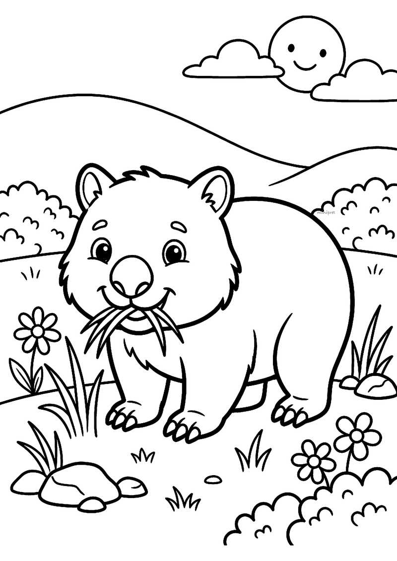 Kleurplaat van een mollige wombat die grassprieten eet in een wei met bloemen, stenen en een lachende zon
