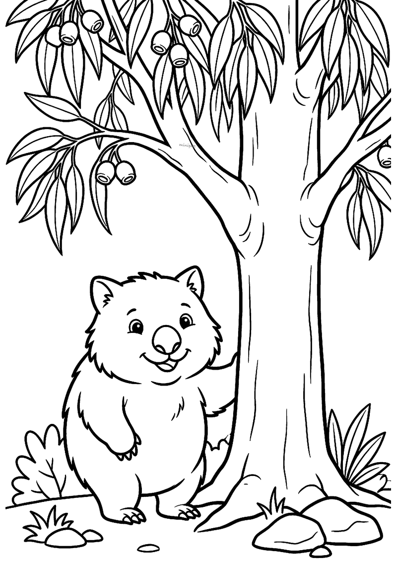 Kleurplaat van een mollige wombat die tegen een eucalyptusboom met lange smalle bladeren en nootjes leunt