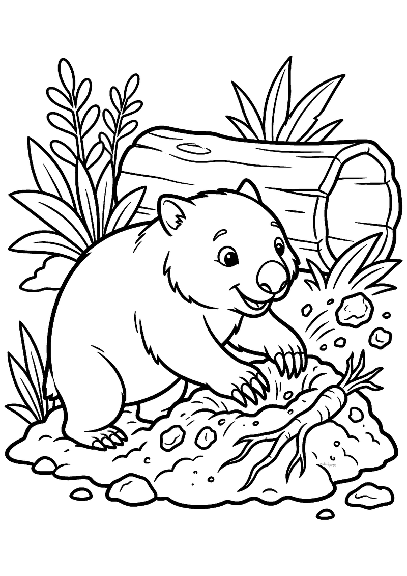 Kleurplaat van een wombat die met zijn klauwen in de aarde graaft en een wortel vindt, voor een holle boomstam