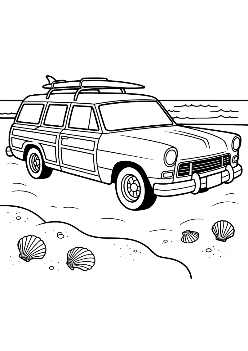 Kleurplaat van een retro woody stationwagen met houten zijkanten en surfplank op het dak geparkeerd aan het strand met s