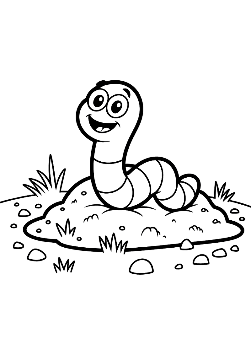 Een lachende worm steekt zijn hoofd uit een hoopje aarde, omringd door gras en steentjes