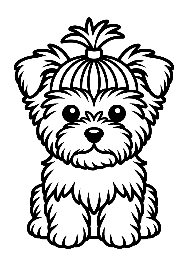 Kleurplaat van een pluizige Yorkshire terrier met een knot en haarspeld op zijn kop die recht vooruit kijkt
