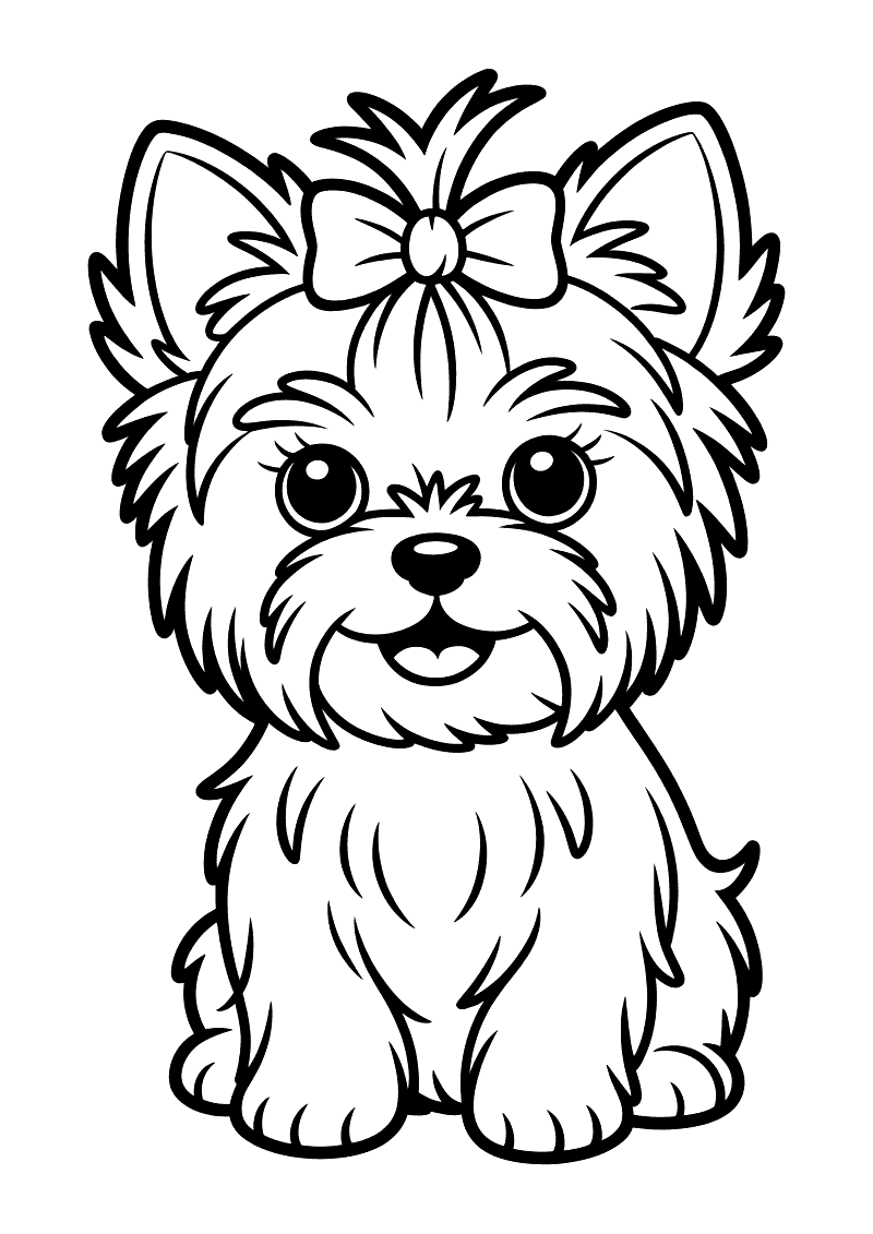 Kleurplaat van een Yorkshire terrier met een sierlijk lint in zijn zijdezachte lange haar