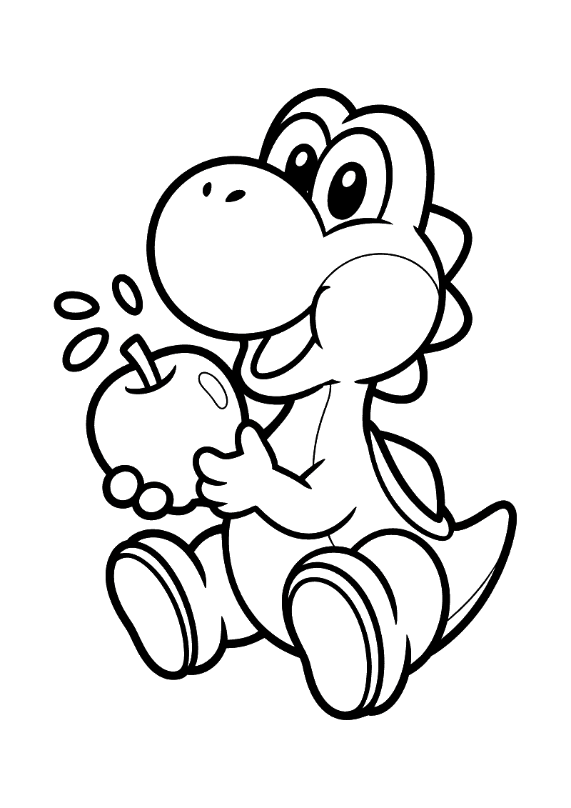Kleurplaat van Yoshi die zittend een appel eet met een grote brede mond, zaadjes vliegen eromheen