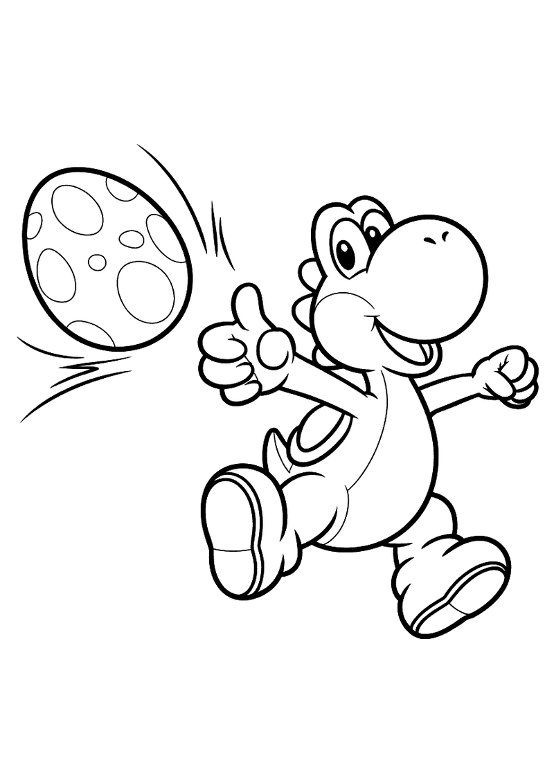 Kleurplaat van Yoshi die rennend een groot gevlekt ei gooit met een duim omhoog