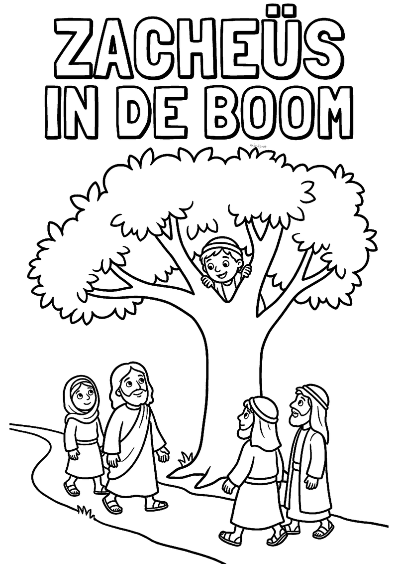 Kleurplaat van Zacheüs die vanuit een grote boom naar Jezus en drie mensen op de weg kijkt