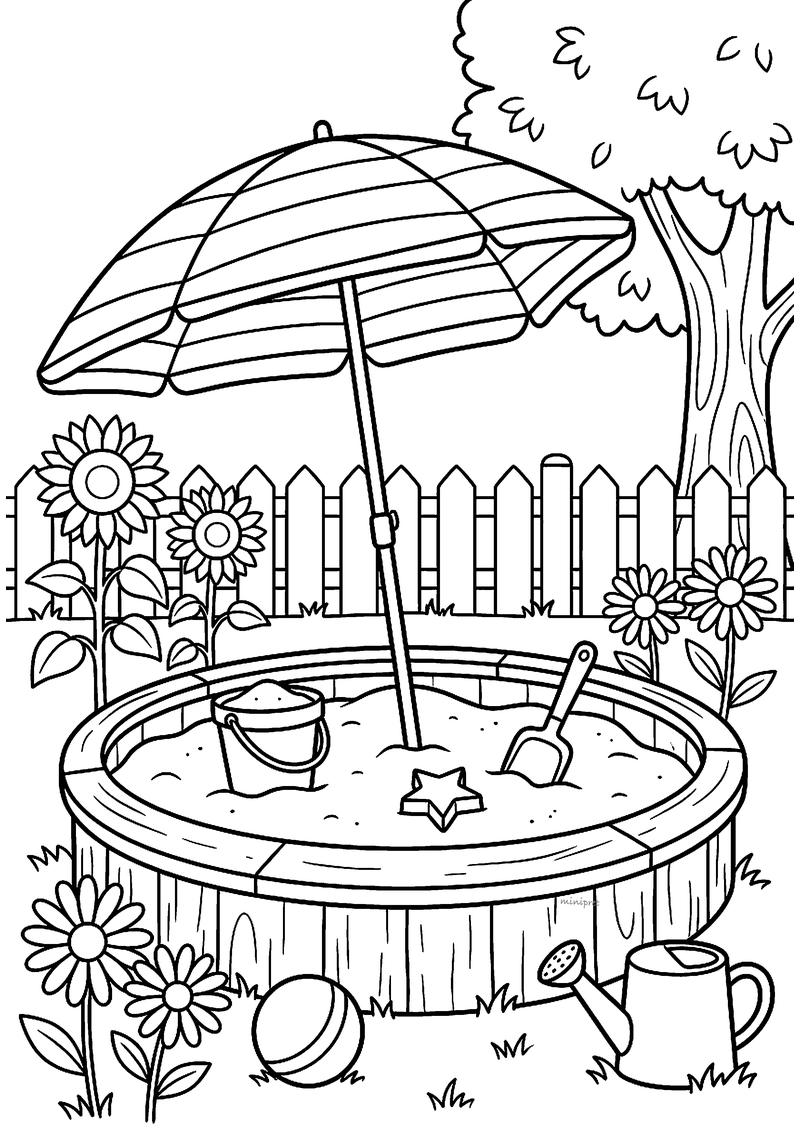 Kleurplaat van een ronde houten zandbak met parasol, emmertje en schepje in een tuin met zonnebloemen en hek