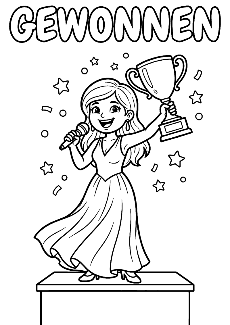 Zanger of Zangeres met Trofee op het Podium met Tekst Gewonnen Eurovisie Kleurplaat — gratis kleurplaat printen