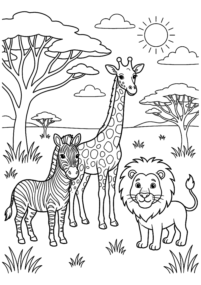 Kleurplaat van een zebra, een giraf en een leeuw naast elkaar op de savanne met zon en bomen